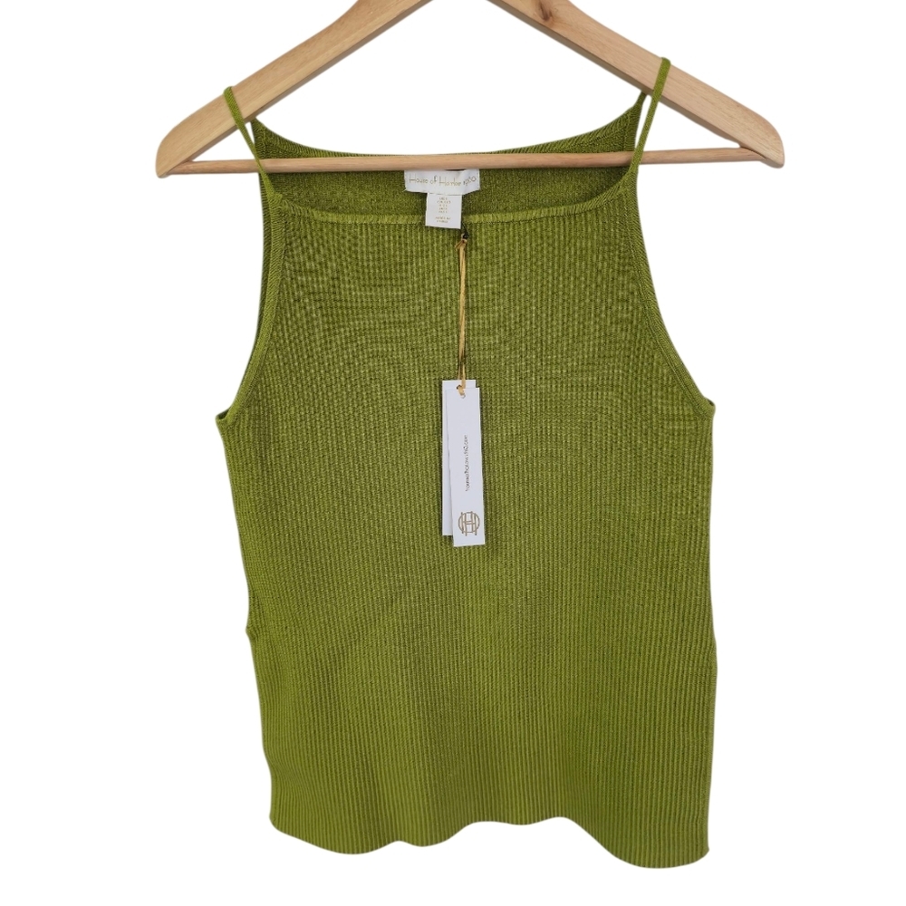 NWT House Of Harlow 1960 Luxe Essentials Strap Ribbed Tank Top Green Size Large